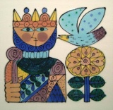 豪華手描き絵陶版　王様と花と鳥