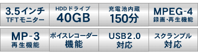 3.5インチTFTモニター　HDDドライブ40GB 充電池内蔵150分　MPEG-4録画･再生機能　MP-3再生機能　ボイスレコーダー機能　USB2.0対応　スクランブル対応