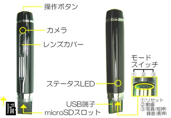 レンズカバー付ハイビジョン720P動画対応ボールペン型ビデオカメラ　CN-PC704の各部名称